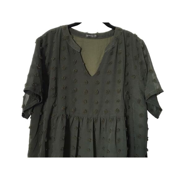 Miholl Dress Size XXL Army Green Swiss Dots Lined Short Sleeve Midi Babydoll - Picture 5 of 14